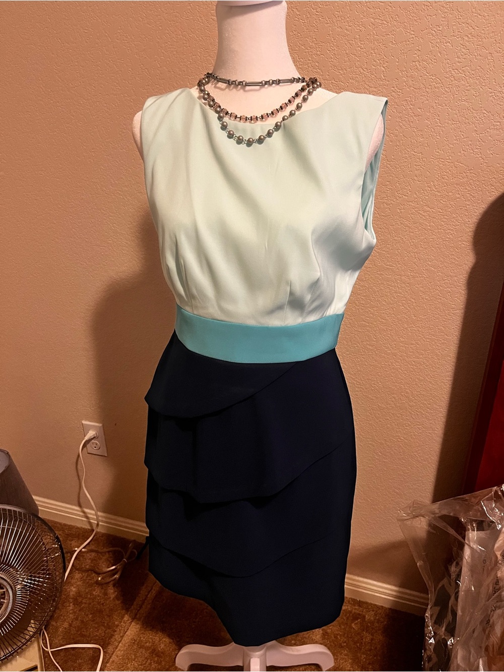 Sleeveless Colorblock Navy and Light mint green Tiered Sheath Dress